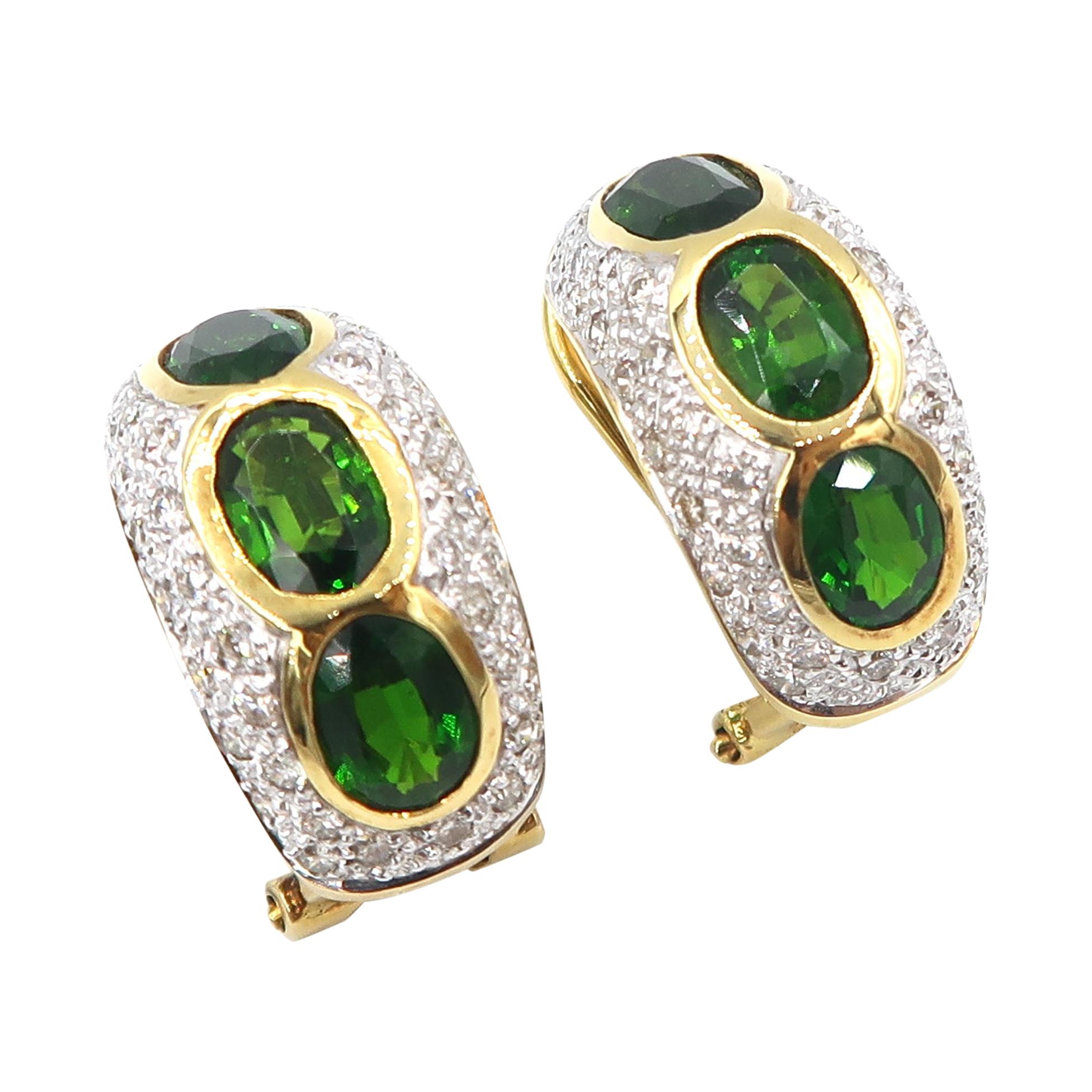 Oval Tsavorite Diamond Pavé 18 Karat Yellow Gold Huggies Earrings For Sale