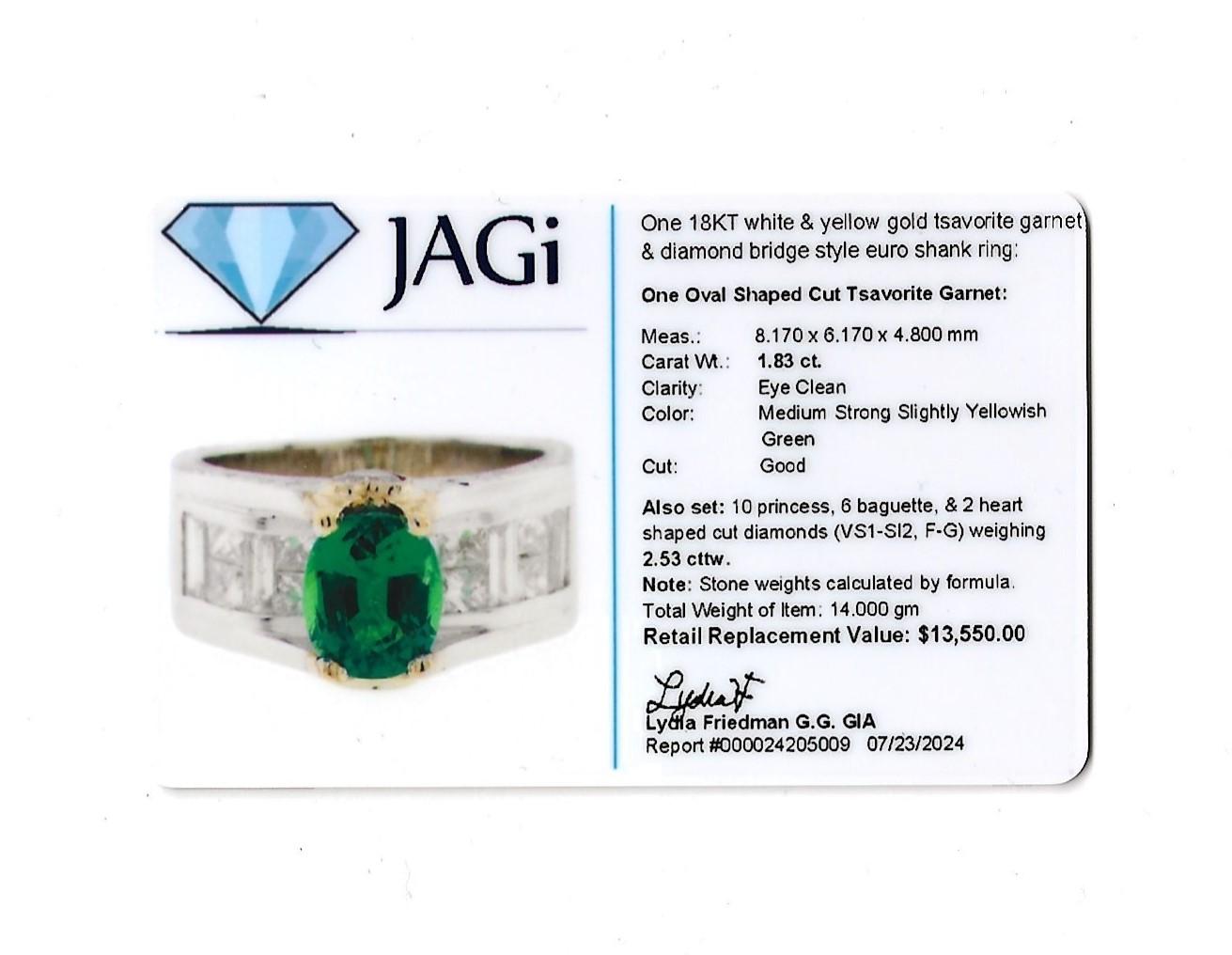 Anello con gambo europeo in granato ovale Tsavorite e ponte di diamanti in oro 18 carati in vendita 8