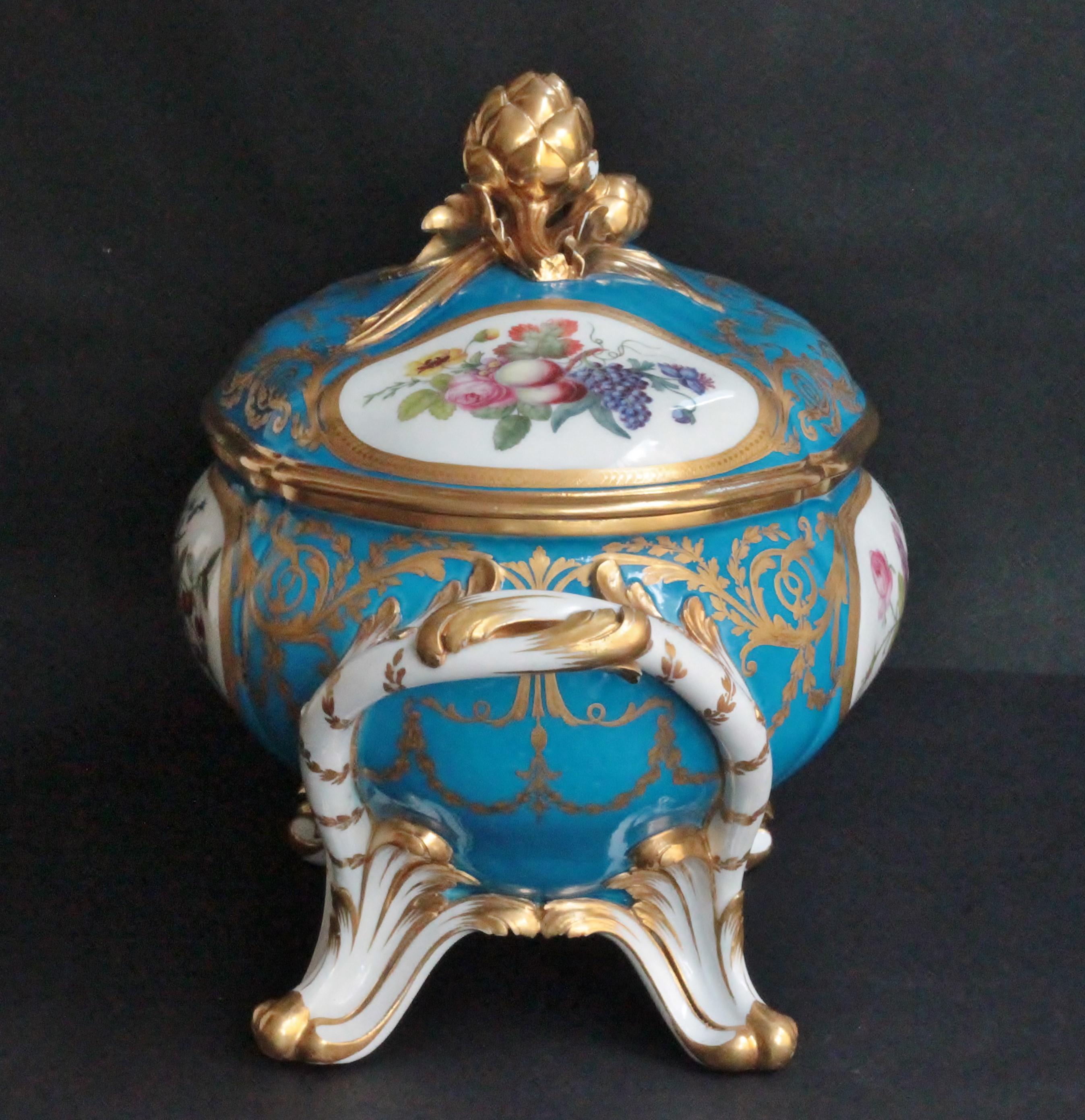 French Oval Tureen and Cover of Sevres Porcelain, Turquoise Blue Ground, 18th Century