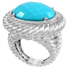 Oval Turquoise and Diamond Ring 14 Karat White Gold Twisted Ropes Style Cocktail