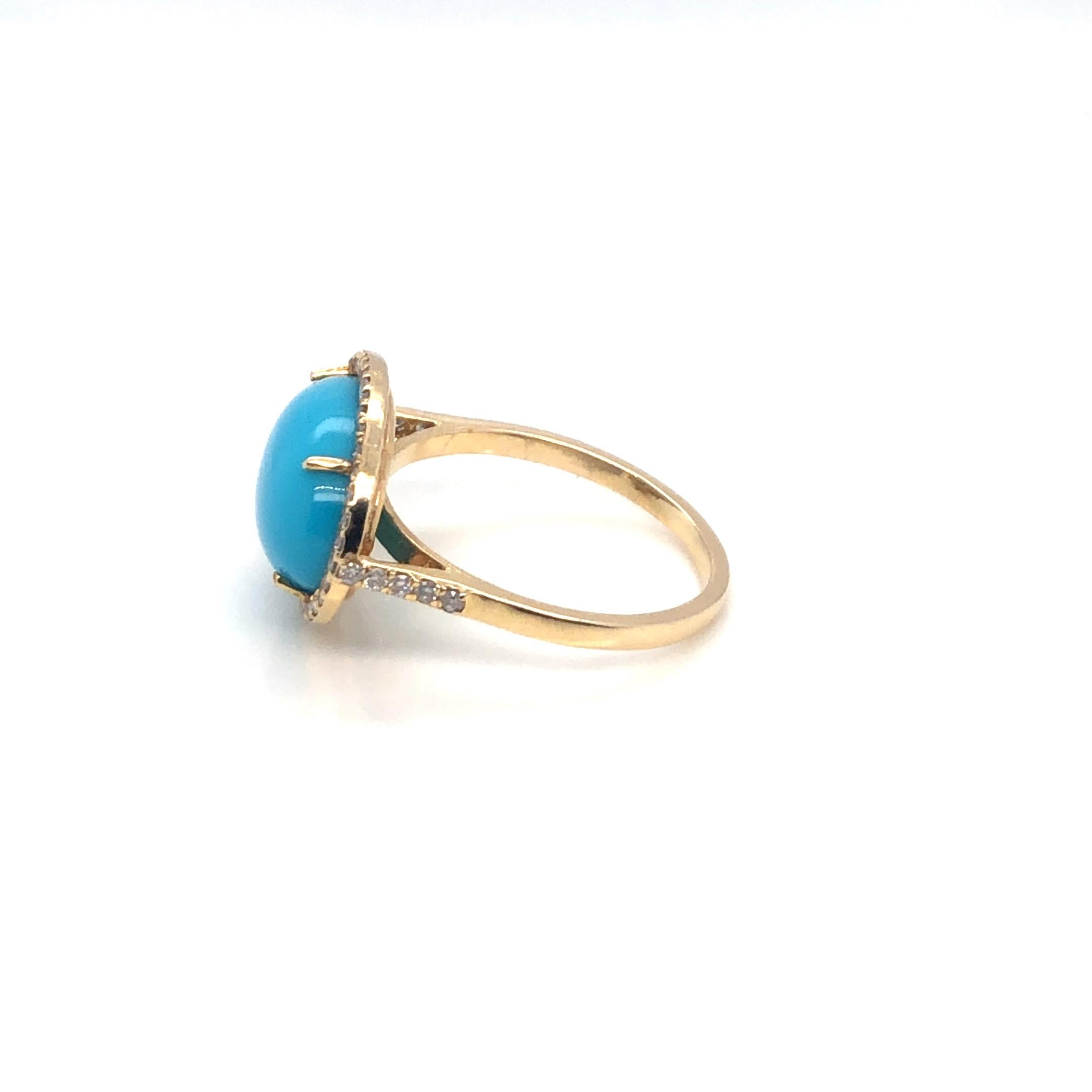 Oval Cut Oval Turquoise And Diamond Ring 14K Yellow Gold For Sale