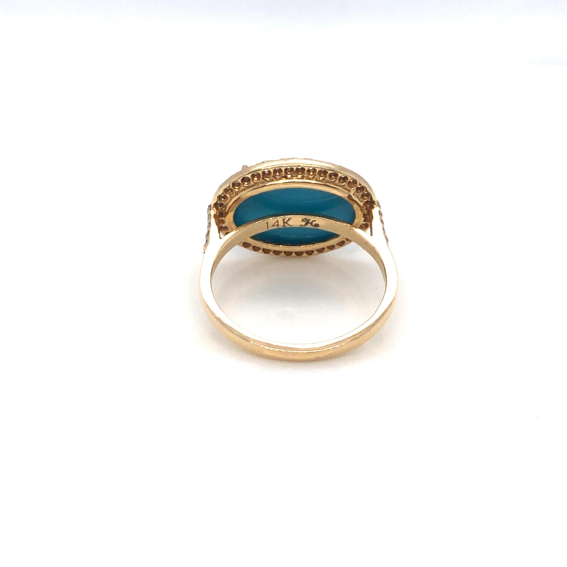 Oval Turquoise And Diamond Ring 14K Yellow Gold In New Condition For Sale In Dallas, TX