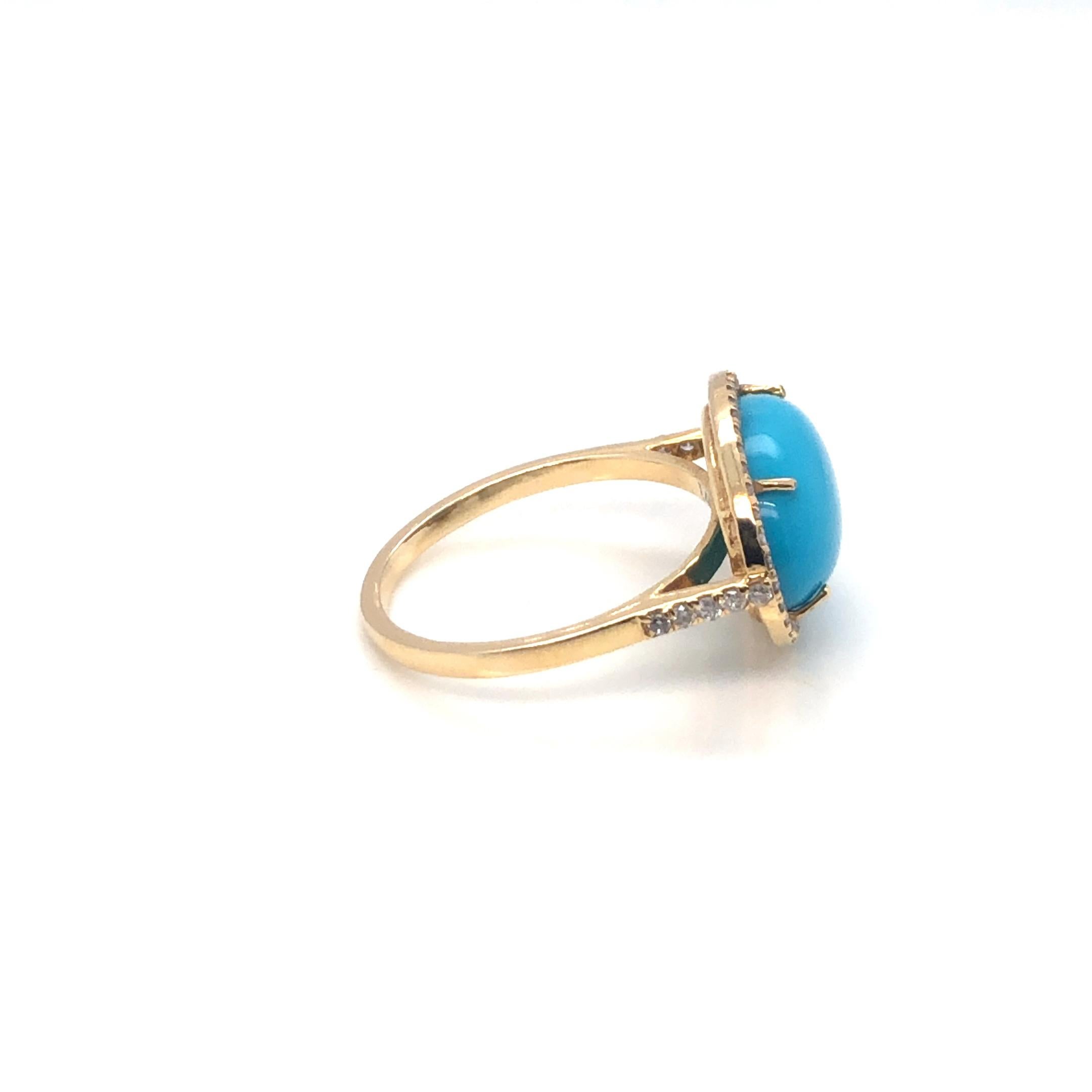 Women's Oval Turquoise And Diamond Ring 14K Yellow Gold For Sale
