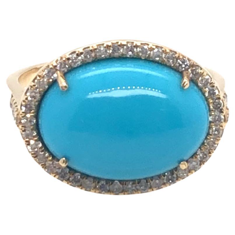 Oval Turquoise And Diamond Ring 14K Yellow Gold For Sale