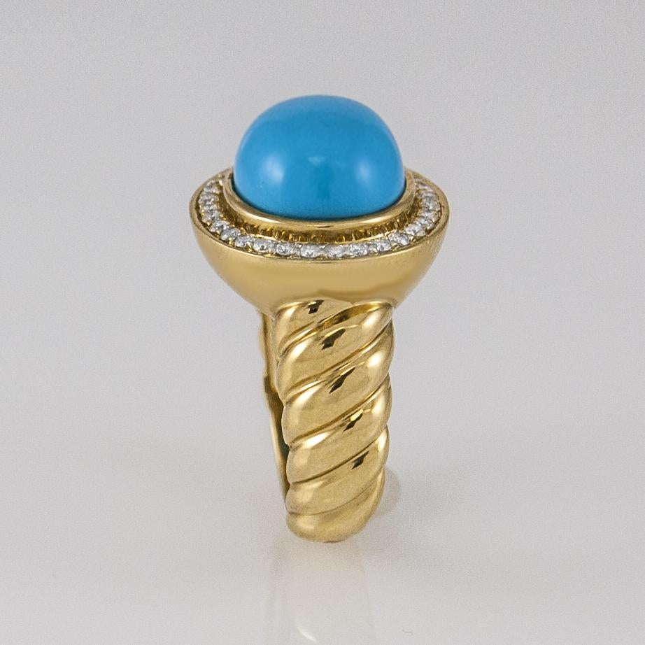 Contemporary Oval Turquoise and Diamond Ring Pave Set 14 Karat Yellow Gold Cocktail