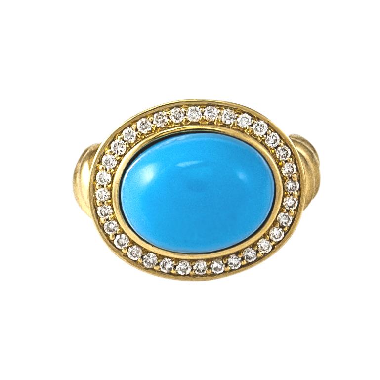 Oval Cut Oval Turquoise and Diamond Ring Pave Set 14 Karat Yellow Gold Cocktail