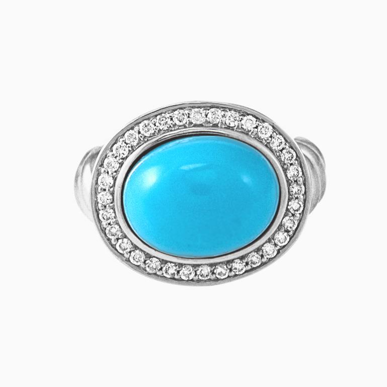 Contemporary Oval Turquoise and Diamond Ring Pave Set of 14 Karat White Gold Cocktail Fashion For Sale