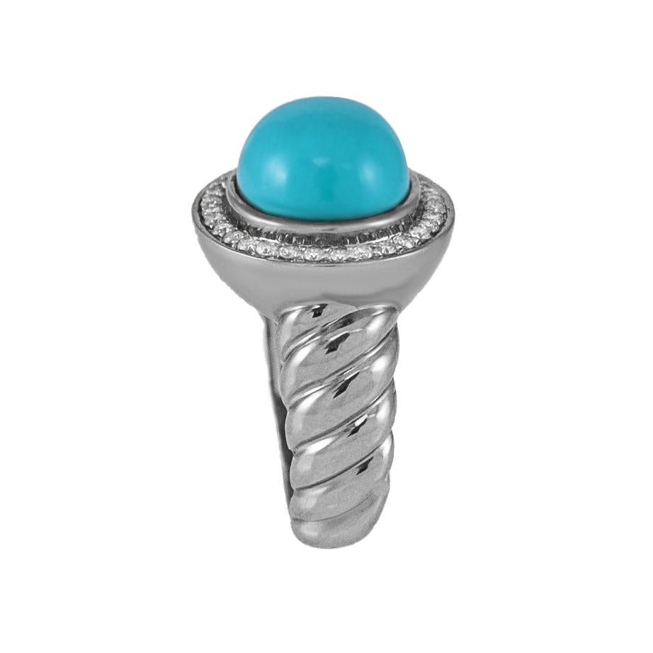 Oval Cut Oval Turquoise and Diamond Ring Pave Set of 14 Karat White Gold Cocktail Fashion For Sale