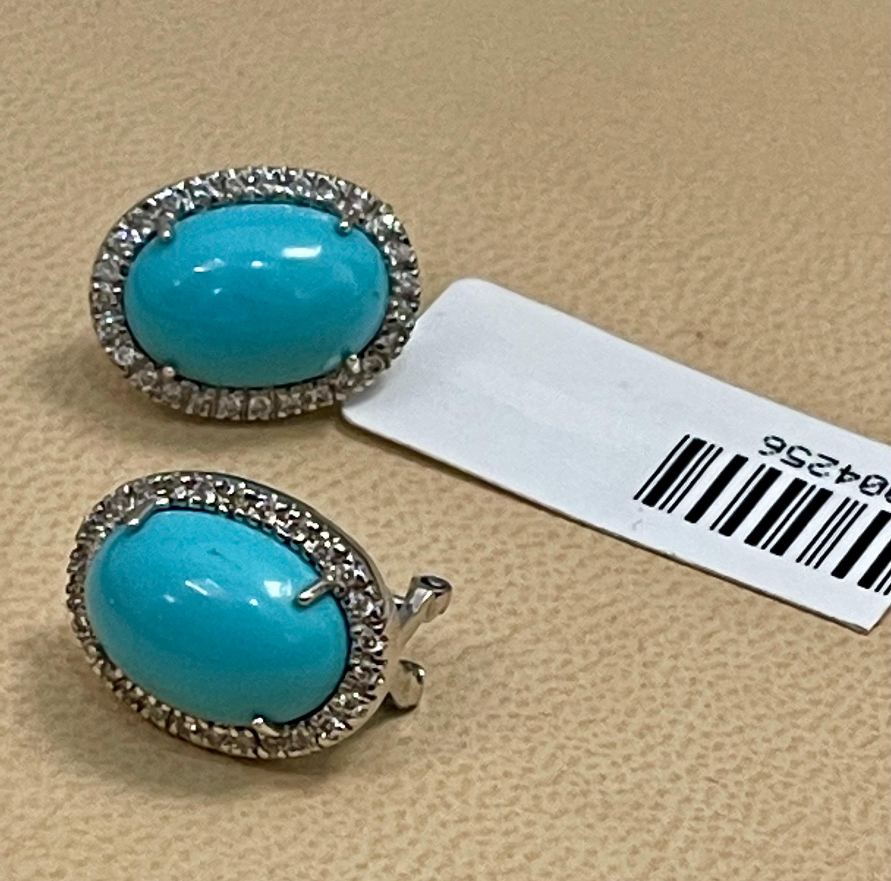 Approximately 10 Ct Oval Turquoise And Diamond Stud Earring With Omega Back ,14 Karat White Gold
Each turquoise about 4.5 to 5 carat each.
Very desirable color and quality.
perfect pair made in 14 Karat White gold
Gold 6.5 Grams including