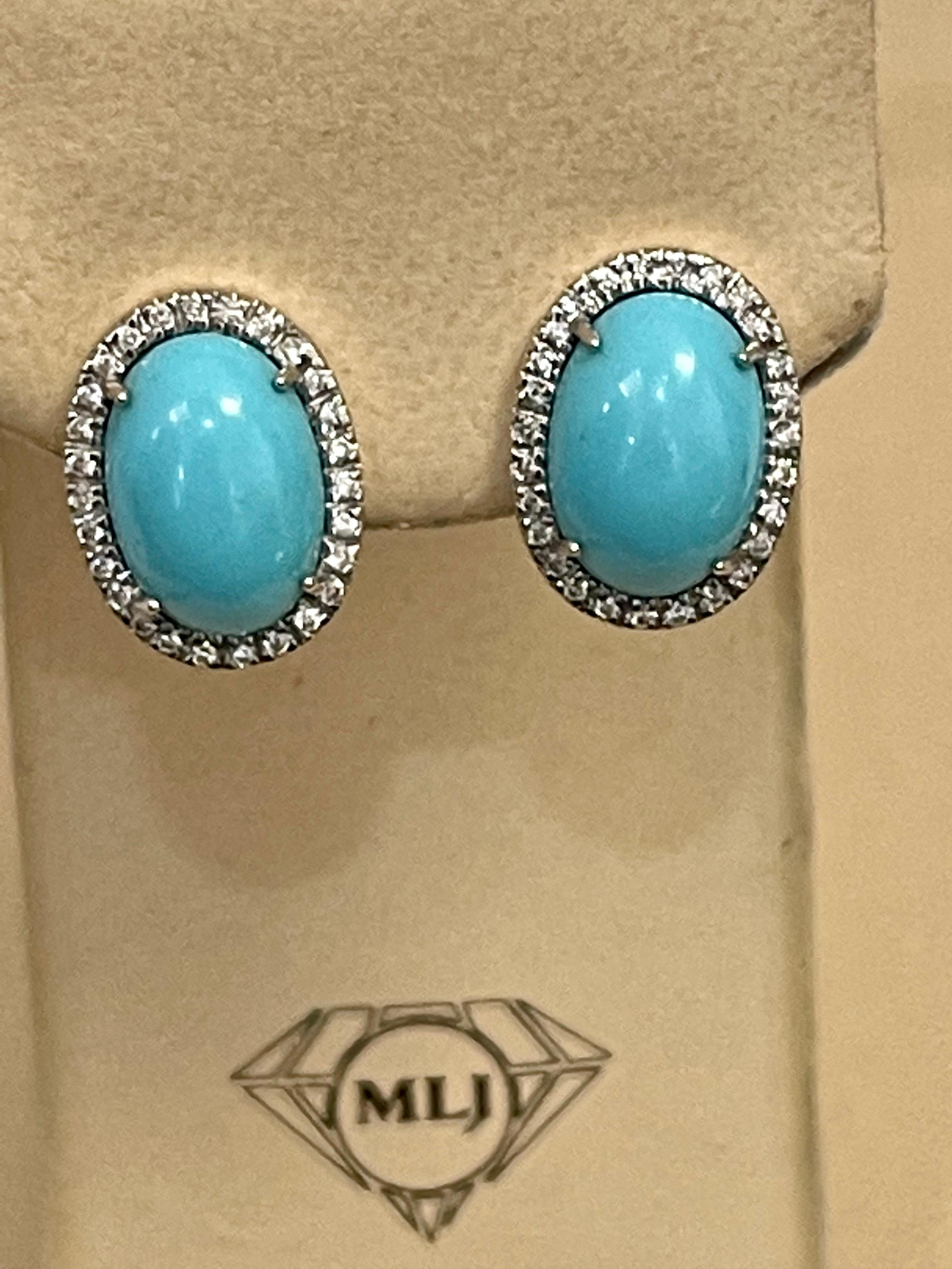 Boucle d'oreille ovale en or blanc 14 carats, turquoise et diamant avec Omega Back Excellent état - En vente à New York, NY
