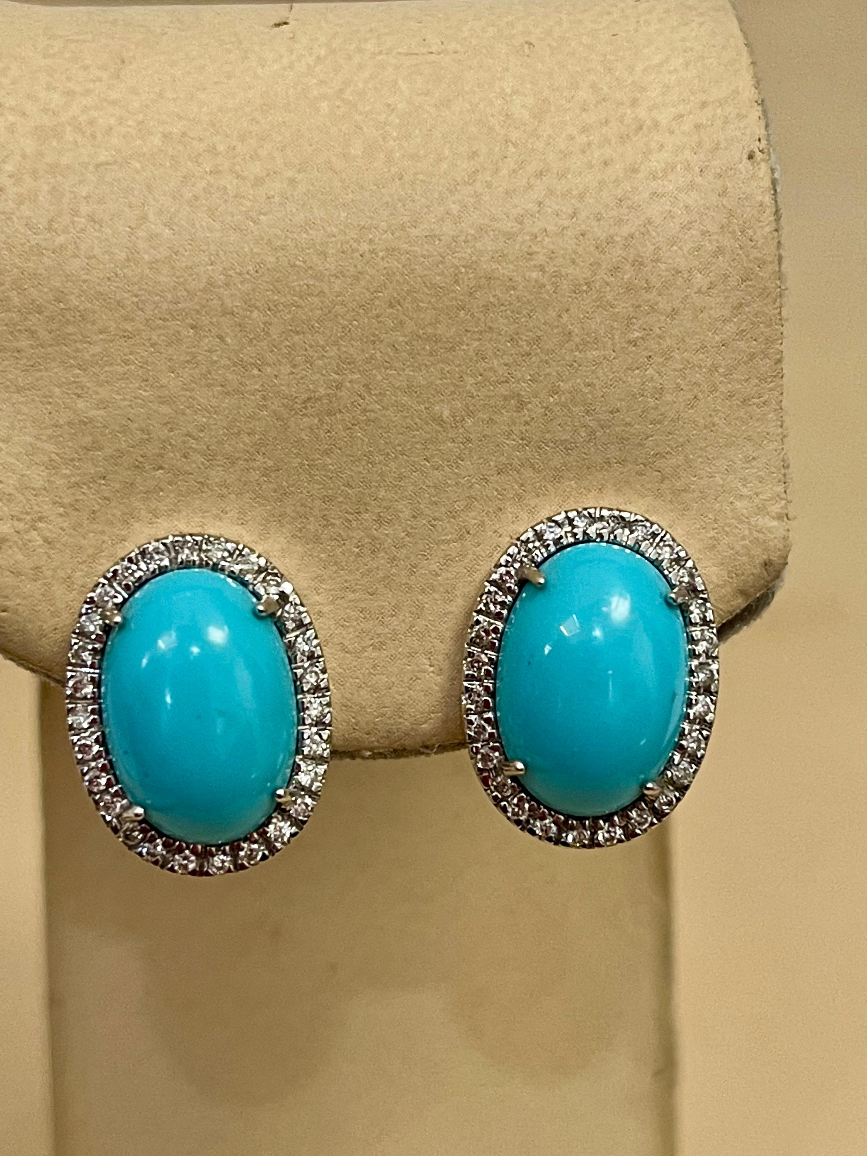 Cabochon Oval Turquoise and Diamond Stud Earring with Omega Back, 14 Karat White Gold For Sale