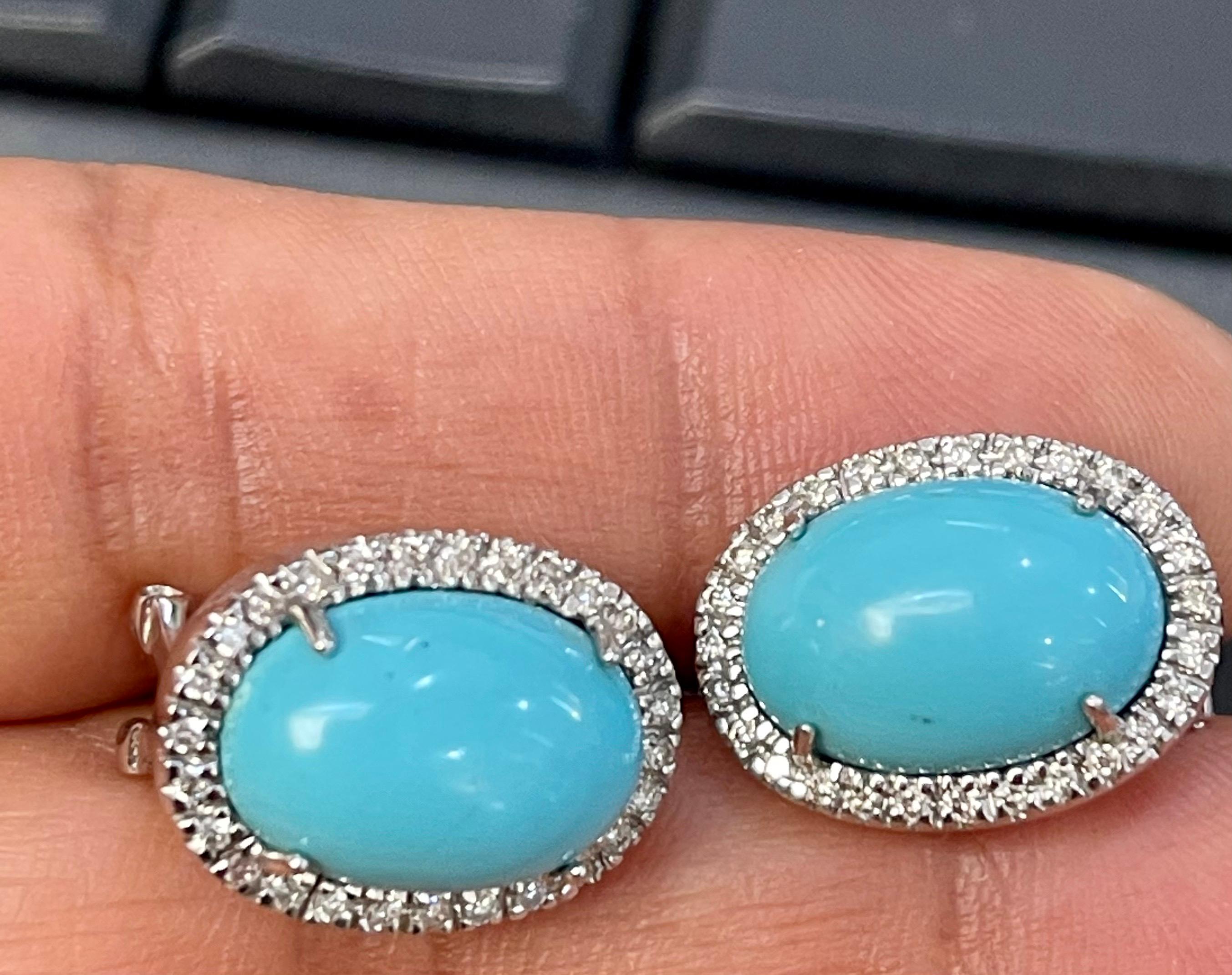 Oval Turquoise and Diamond Stud Earring with Omega Back, 14 Karat White Gold In Excellent Condition For Sale In New York, NY