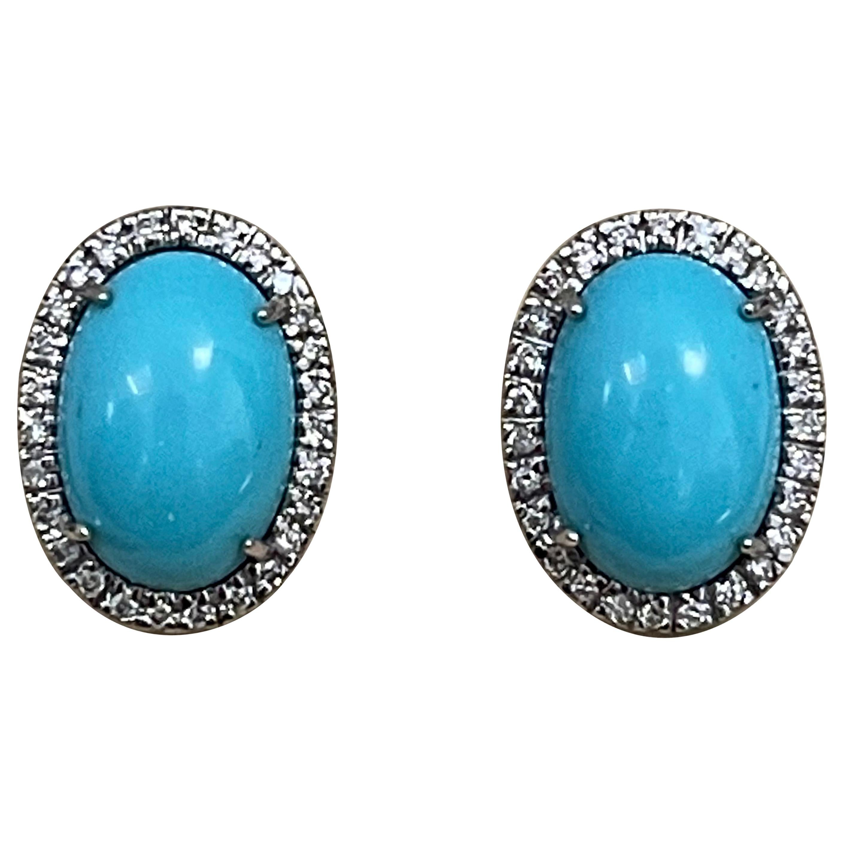 Oval Turquoise and Diamond Stud Earring with Omega Back, 14 Karat White Gold