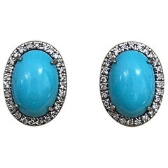 Vintage Oval Turquoise and Diamond Stud Earring with Omega Back, 14 Karat White Gold