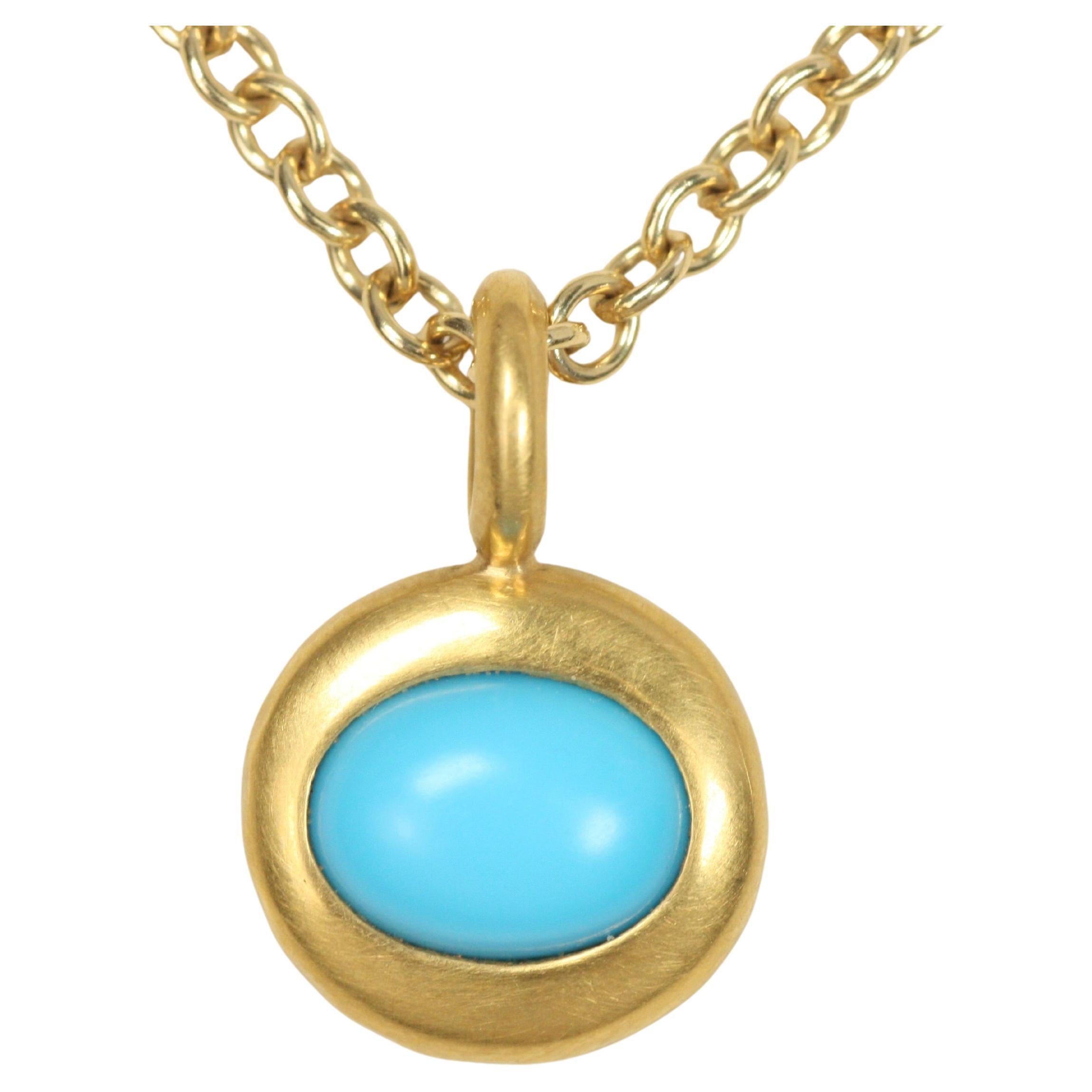Pendentif à breloque avec lunette en turquoise ovale - or jaune 22K