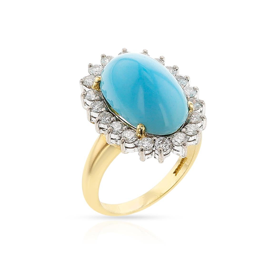 An Oval Turquoise Cabochon and Diamond Ring made in 18k Yellow Gold. The ring is 7.85 grams. The diamond weight is appx. 0.70 ct. H-I color, VS-SI clarity. The ring size is 5 1/2. The turquoise measures 15 x 9.5 x 8 mm,



1491-IBERTRT