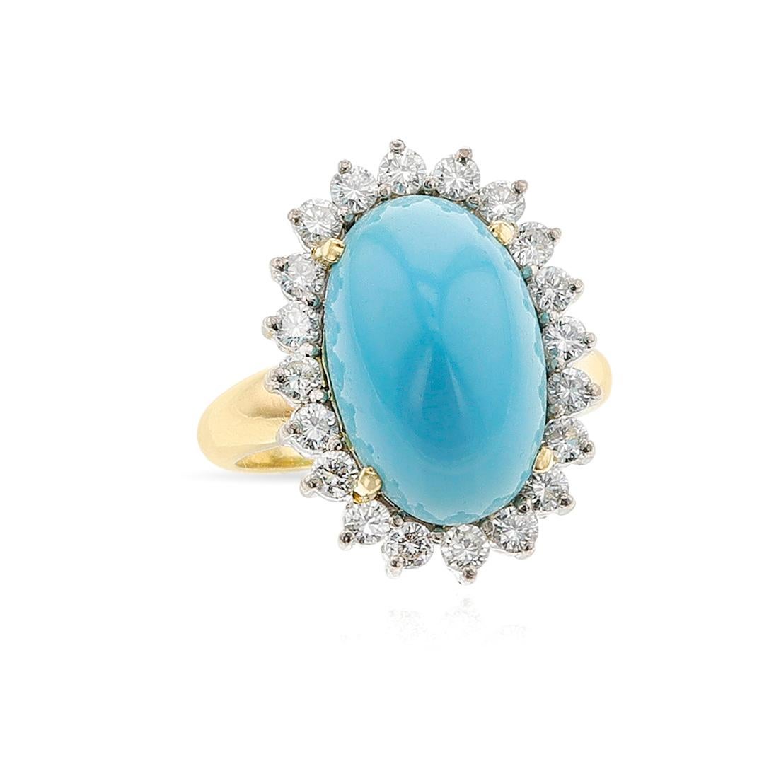 Oval Cut Oval Turquoise Cabochon and Diamond Ring, 18k For Sale