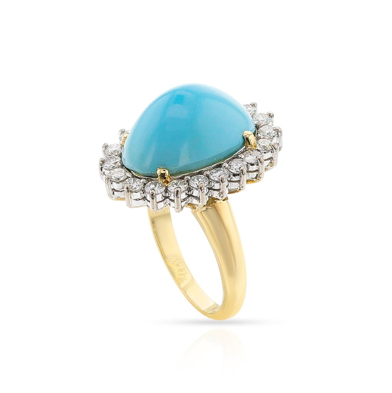 Oval Turquoise Cabochon and Diamond Ring, 18k In Excellent Condition For Sale In New York, NY