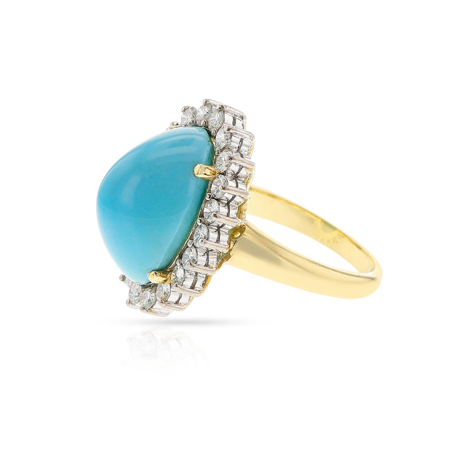Women's or Men's Oval Turquoise Cabochon and Diamond Ring, 18k For Sale