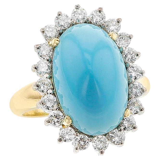 Oval Turquoise Cabochon and Diamond Ring, 18k For Sale