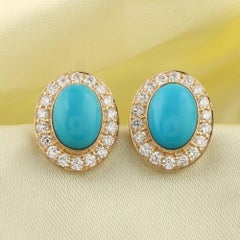 Oval Turquoise Cabochon Natural Diamond Stud Earrings in 14K Yellow Gold