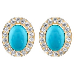 Oval Turquoise Cabochon Natural Diamond Stud Earrings in 14K Yellow Gold