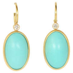 Oval Turquoise & Diamond Bezeled Earrings in 18K Yellow Gold by Bracken Jewelers