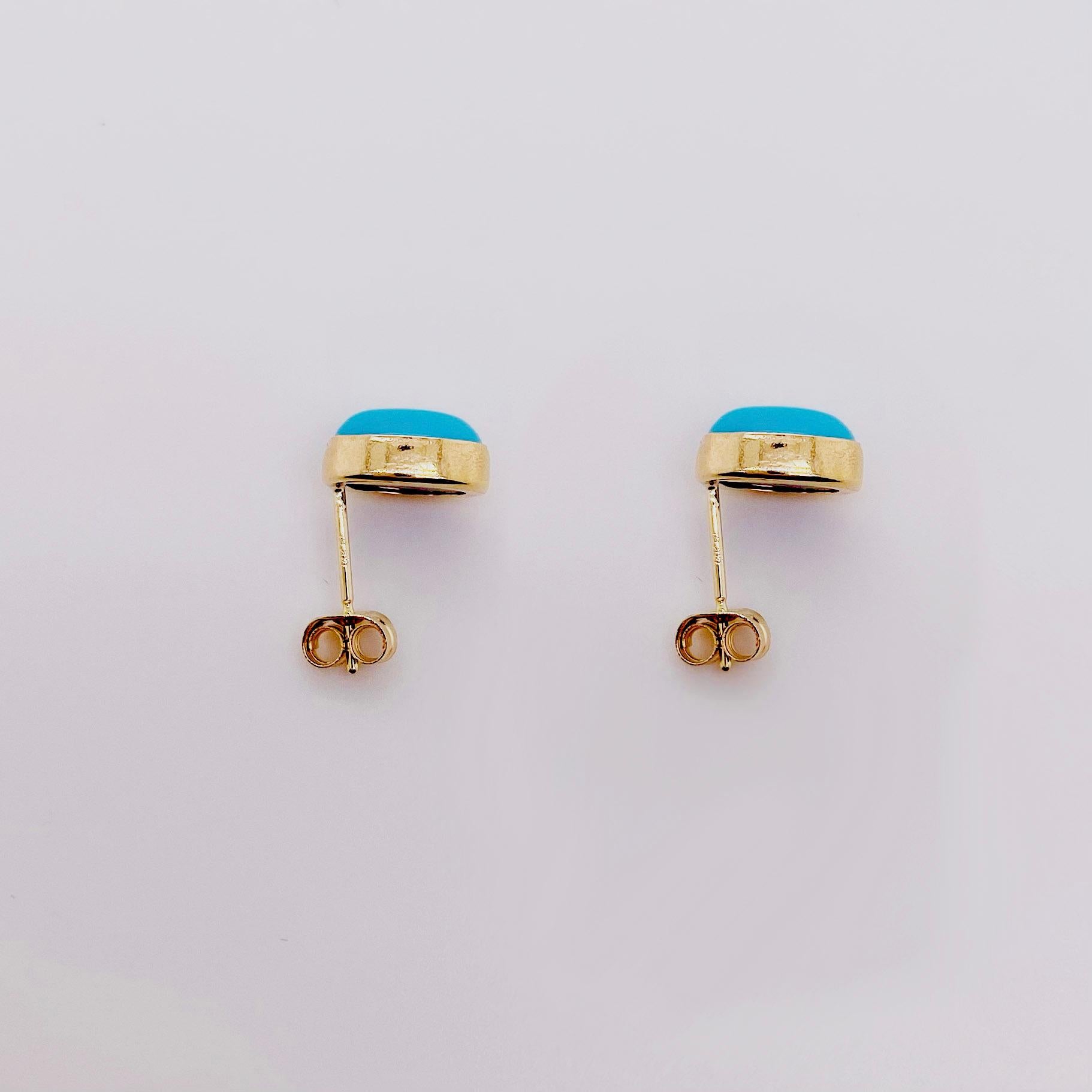 The details for these gorgeous earrings are listed below:
Metal Quality: 14 K Yellow Gold 
Earring Type: Stud 
Gemstone: Turquoise 
Gemstone Measurements: 7.7mm X 5.8 mm 
Gemstone Color: Blue 
Measurements: 8.3mm X 6.3 mm 
Post Type: Stud 
Total