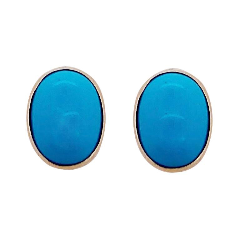 Oval Turquoise Earring Set in 14 Karat Yellow Gold For Sale