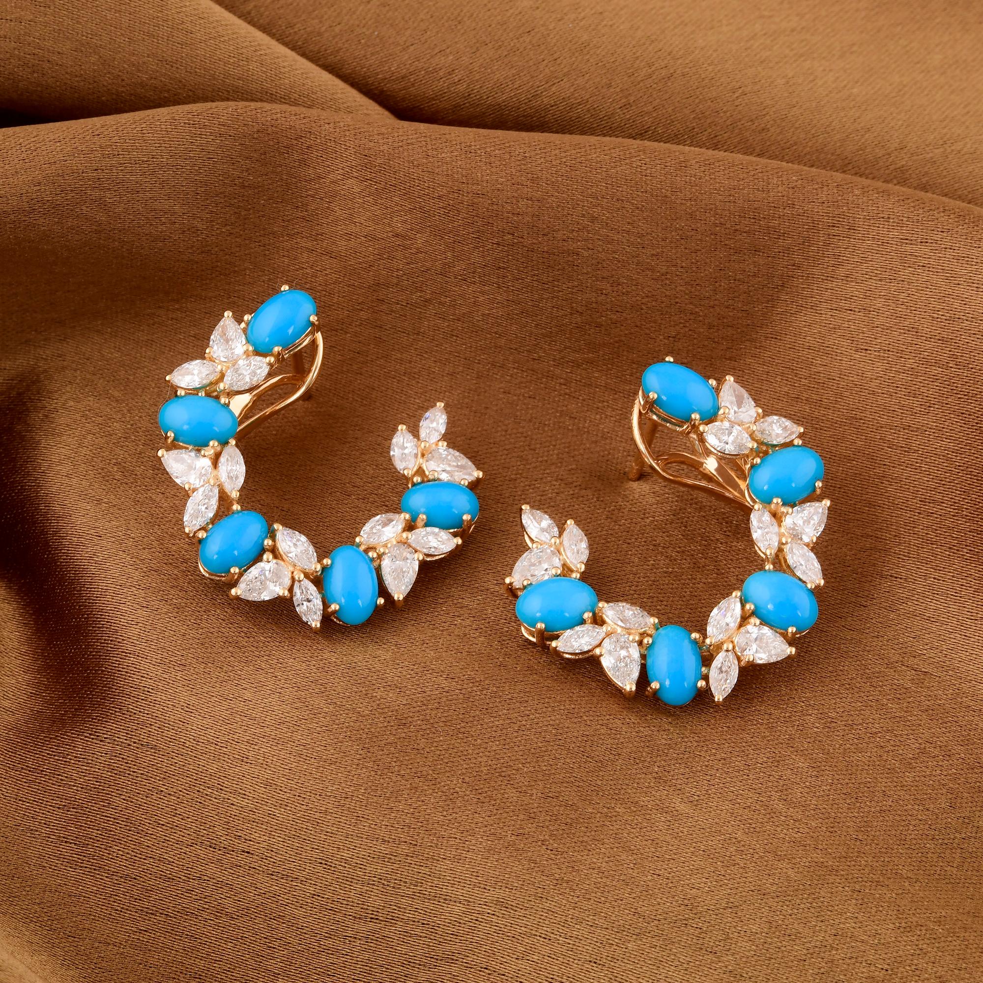 Oval Cut Oval Turquoise Gemstone Hoop Earrings Diamond 18 Karat Yellow Gold Fine Jewelry For Sale