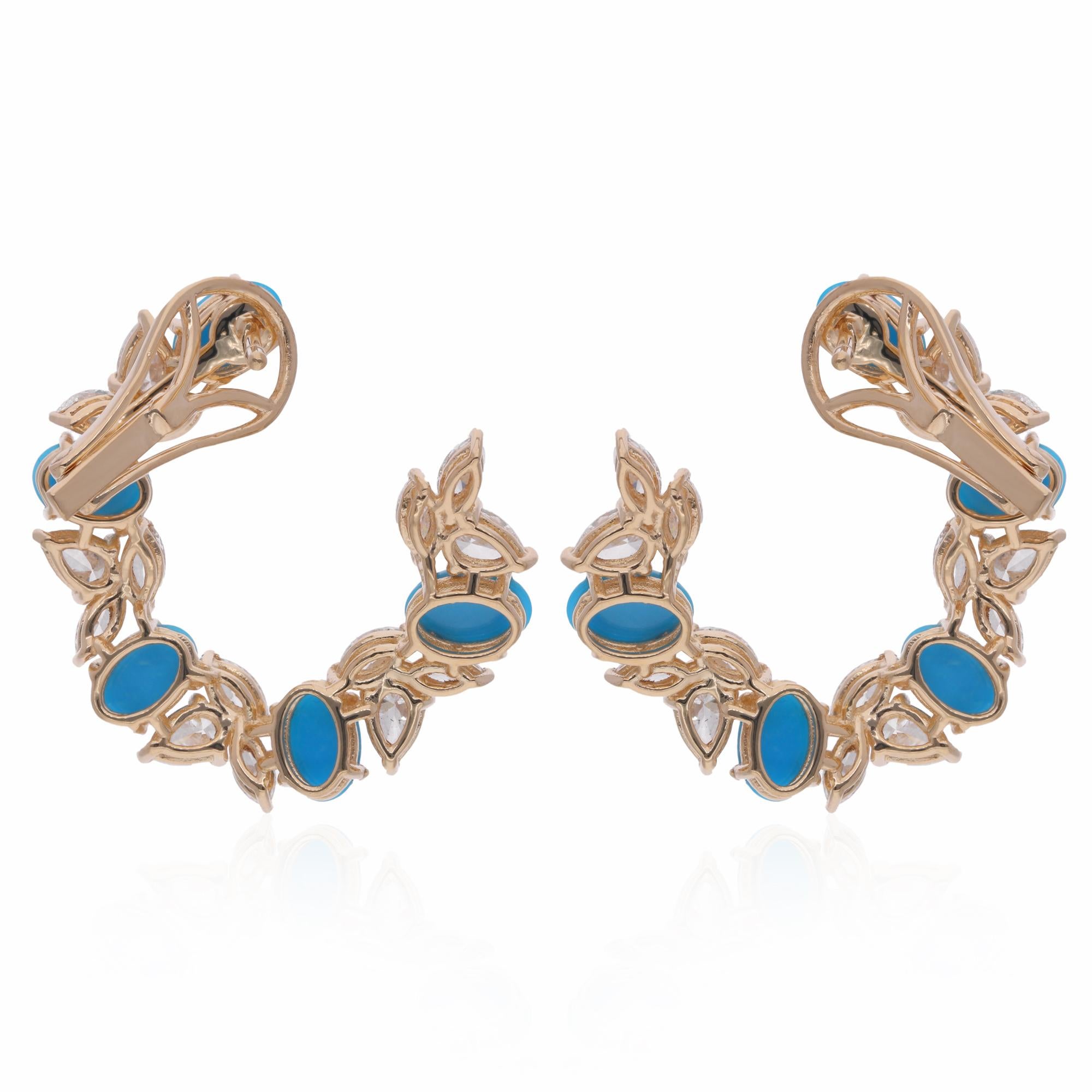 Women's Oval Turquoise Gemstone Hoop Earrings Diamond 18 Karat Yellow Gold Fine Jewelry For Sale