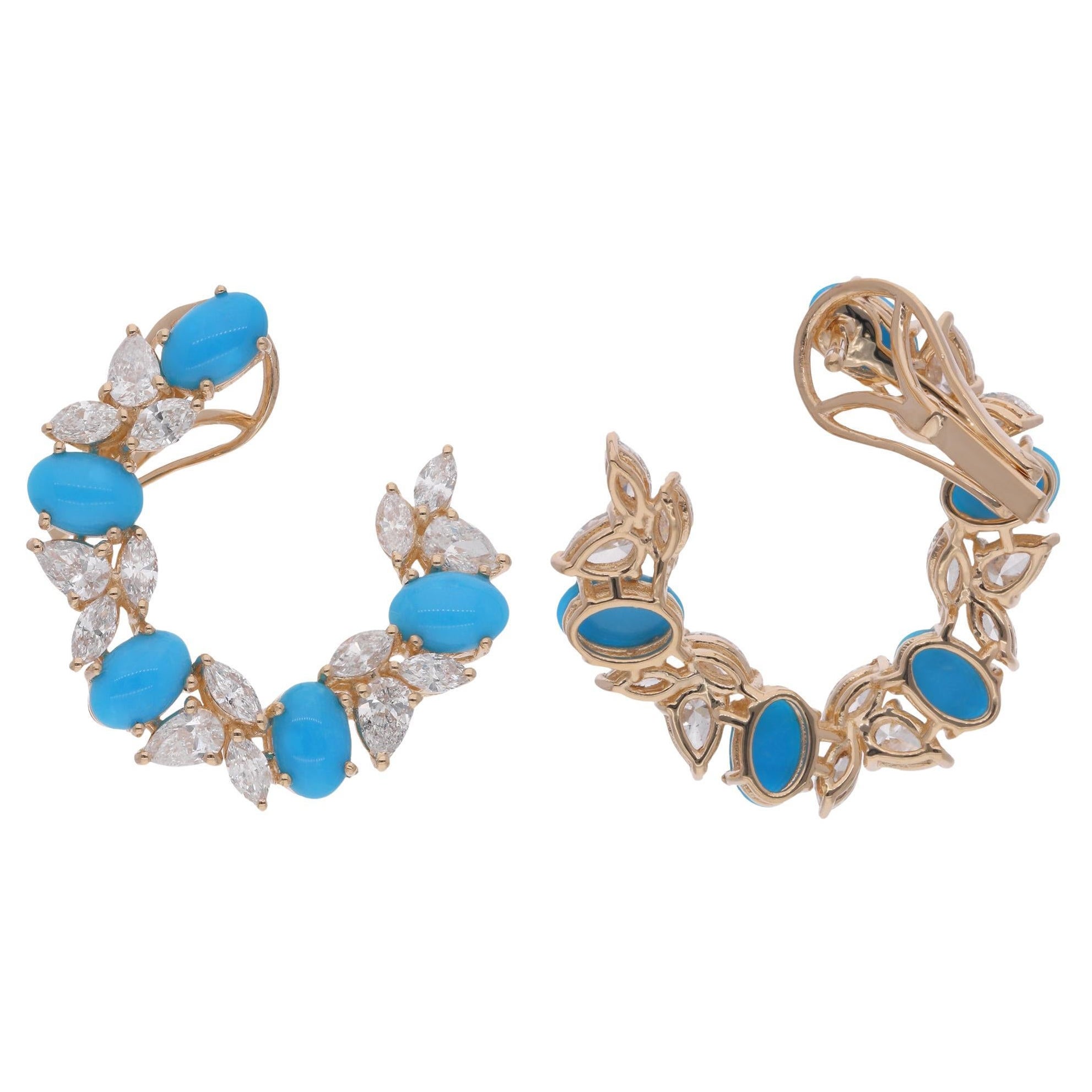 Oval Turquoise Gemstone Hoop Earrings Diamond 18 Karat Yellow Gold Fine Jewelry