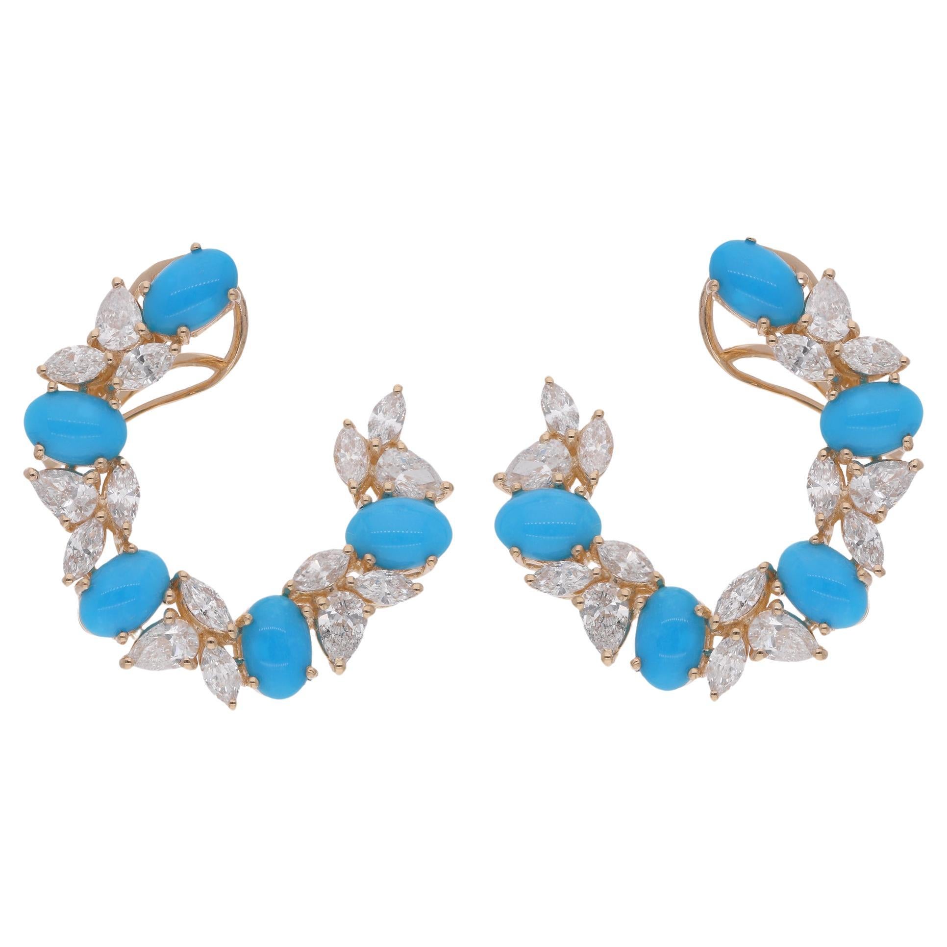 Oval Turquoise Gemstone Hoop Earrings Diamond 18 Karat Yellow Gold Fine Jewelry For Sale