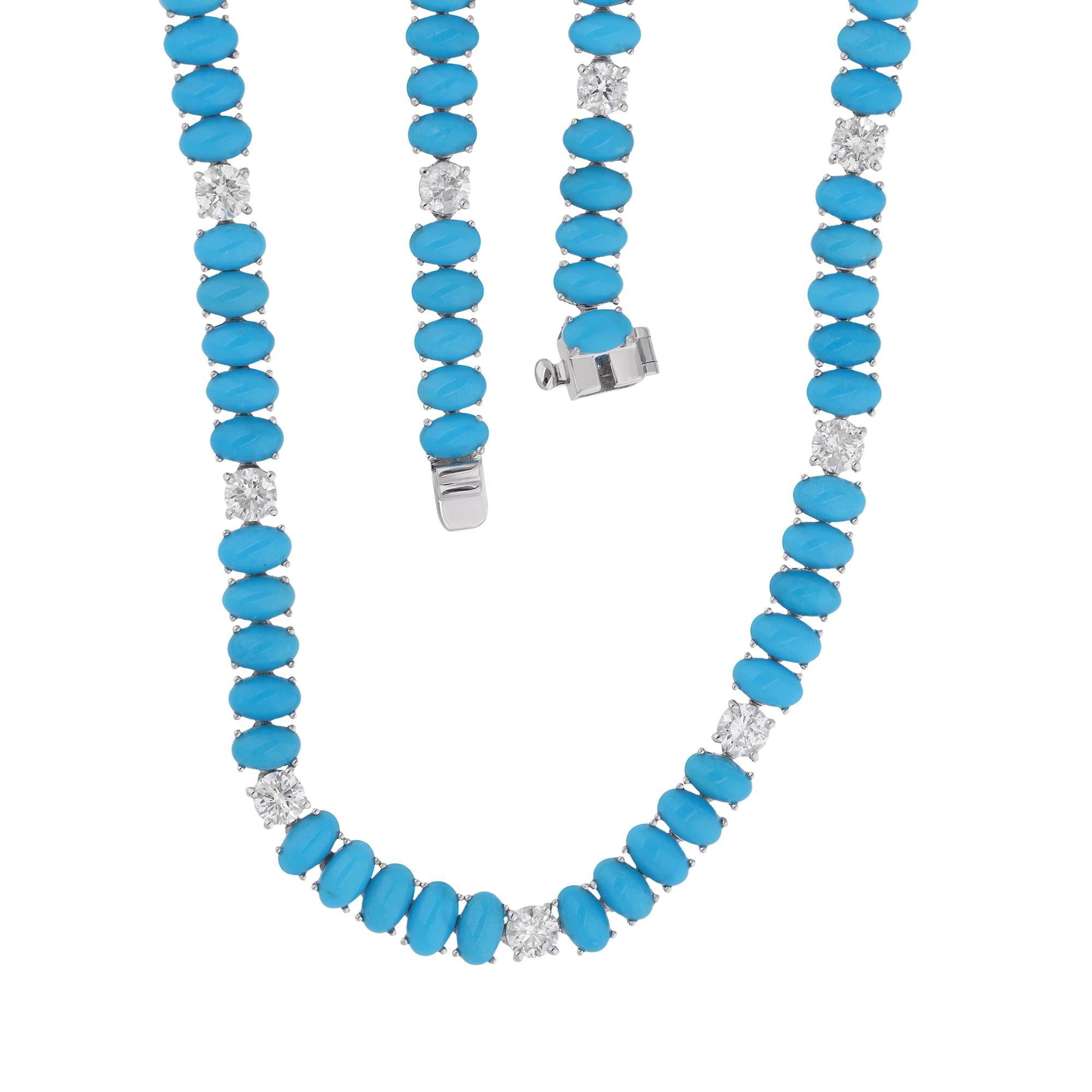 
Elevate your style with the enchanting beauty of this Oval Turquoise Gemstone Necklace, adorned with Diamonds and meticulously handcrafted in luxurious 14 Karat White Gold. Radiating with a timeless elegance and natural charm, this necklace is a