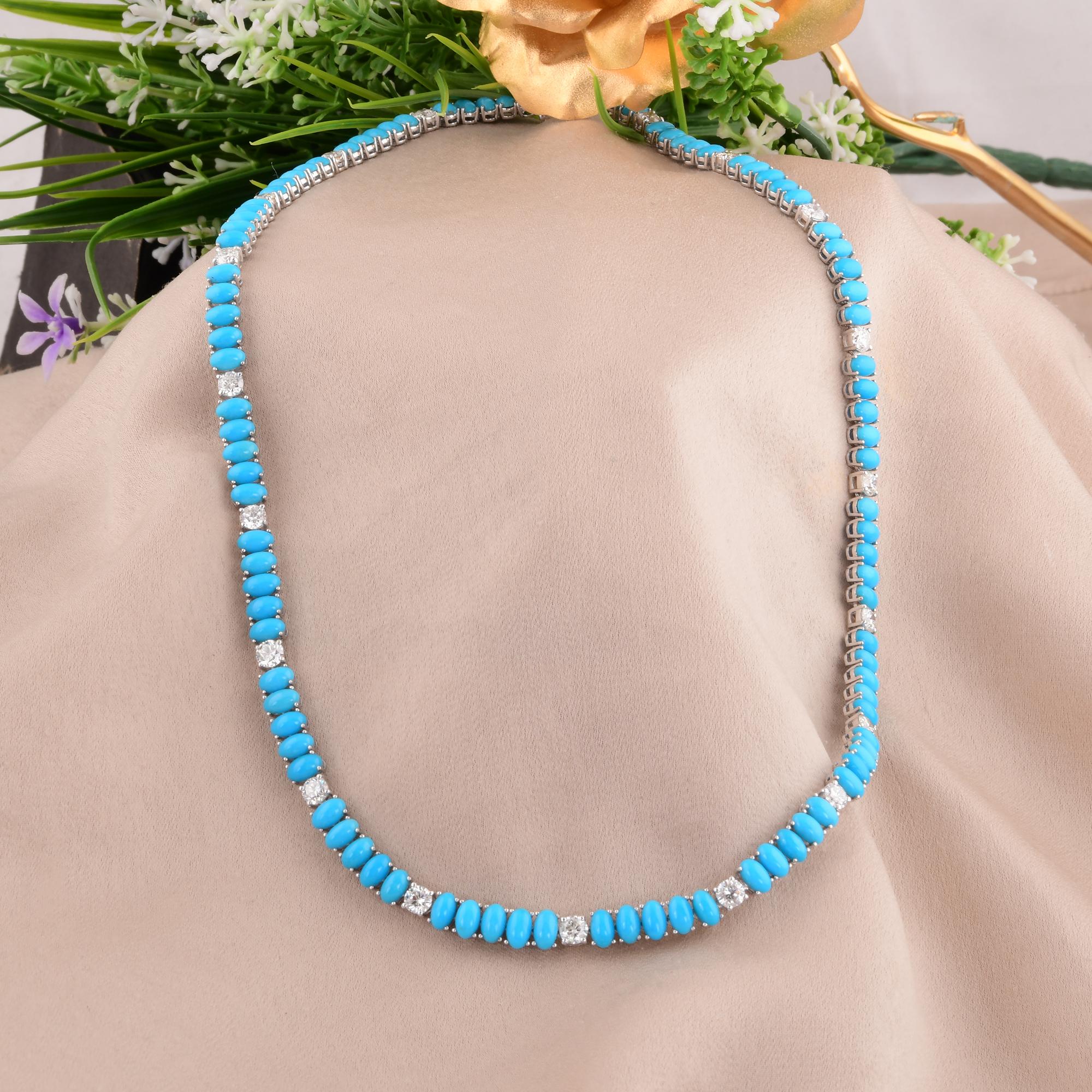 Ovale Türkis-Edelstein-Halskette Diamant 14 Karat Weißgold Handmade Jewelry (Ovalschliff) im Angebot