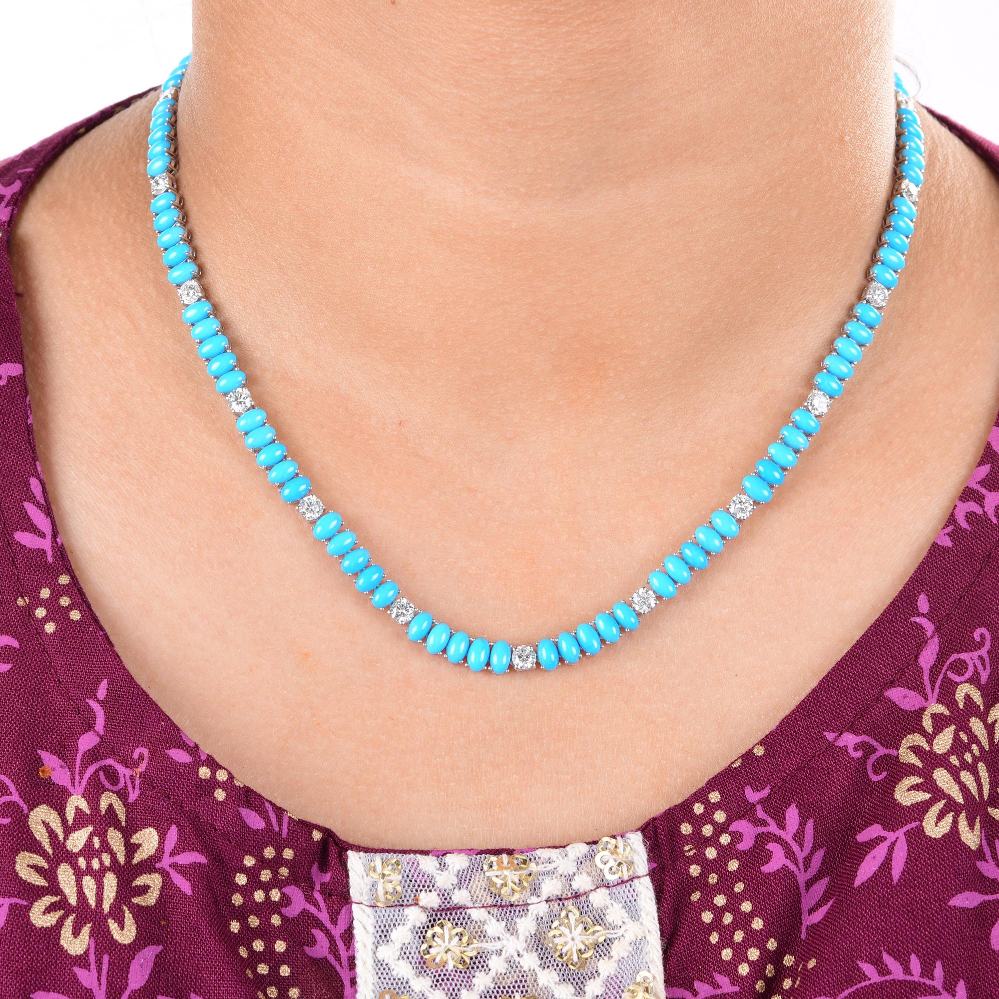 Women's Oval Turquoise Gemstone Necklace Diamond 14 Karat White Gold Handmade Jewelry For Sale