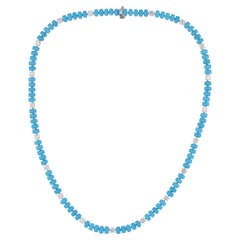 Collier de turquoises ovales et de diamants en or blanc 14 carats, fait main