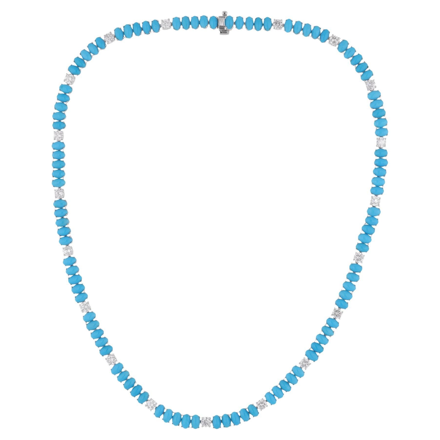 Collier de turquoises ovales et de diamants en or blanc 18 carats, fait main