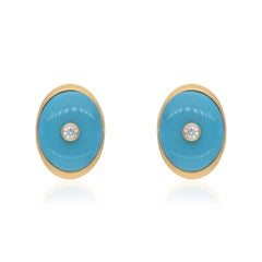 Clous d
oreilles en or jaune 14 carats avec turquoises ovales et diamants, bijouterie fine