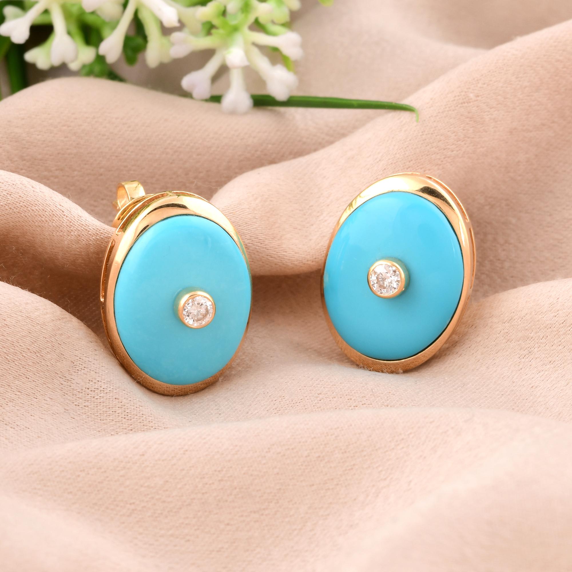 Oval Cut Oval Turquoise Gemstone Stud Earrings Diamond 14 Karat Yellow Gold Fine Jewelry For Sale