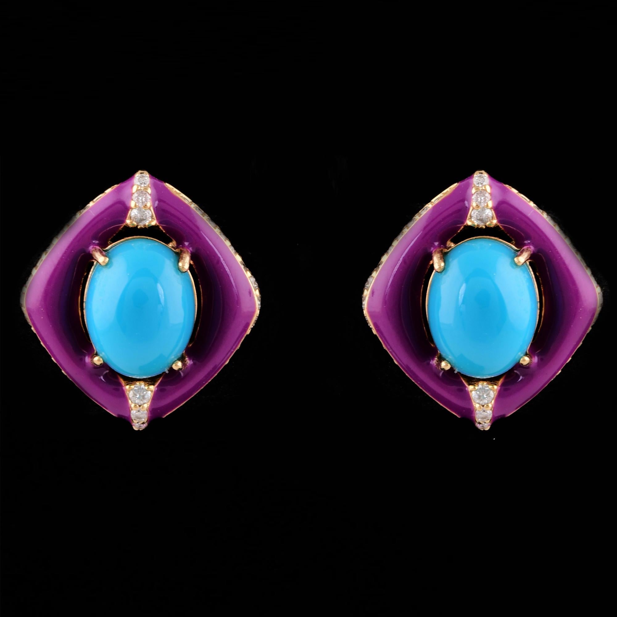 Oval Cut Oval Turquoise Gemstone Stud Earrings Diamond 14 Karat Yellow Gold Fine Jewelry For Sale