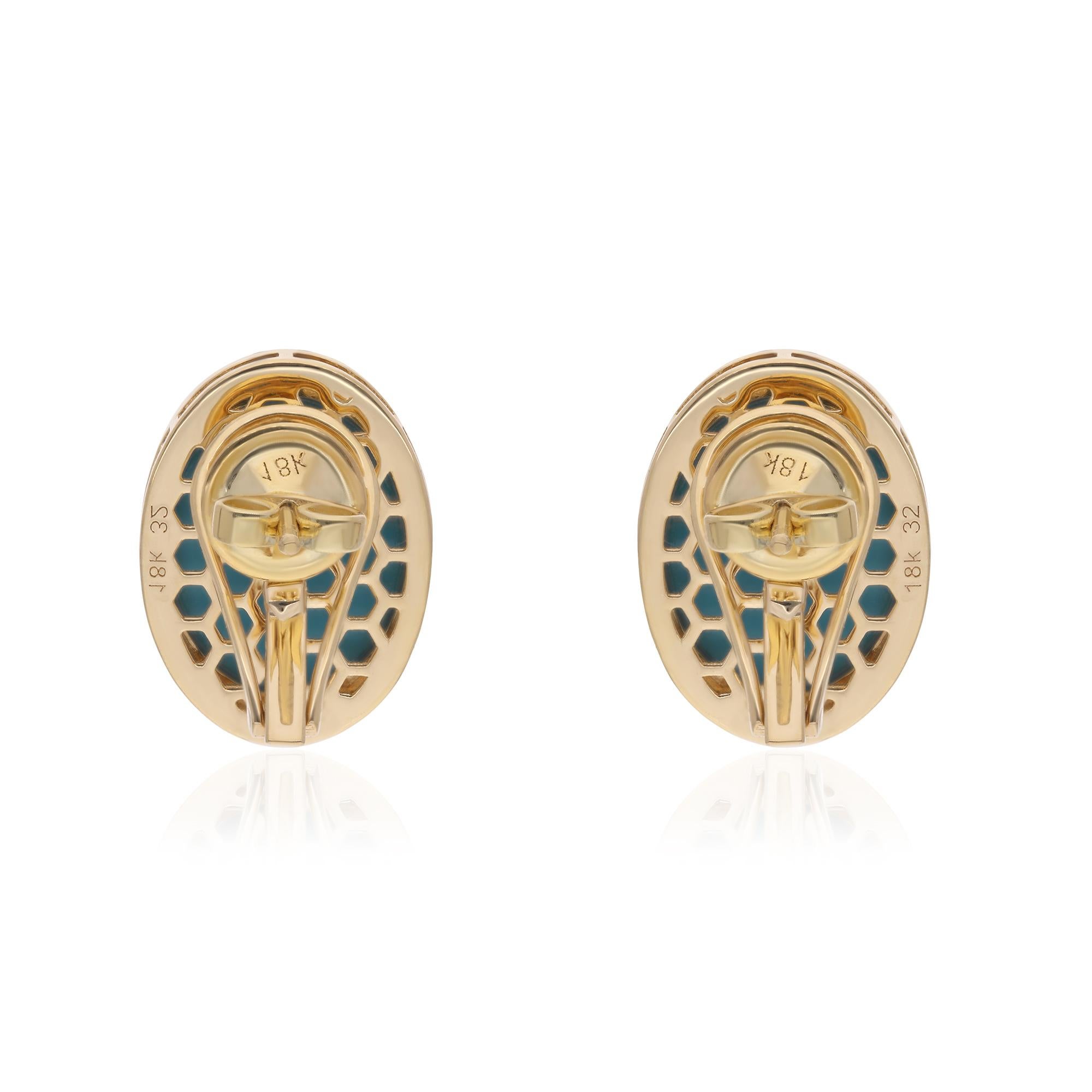 Women's Oval Turquoise Gemstone Stud Earrings Diamond 14 Karat Yellow Gold Fine Jewelry For Sale