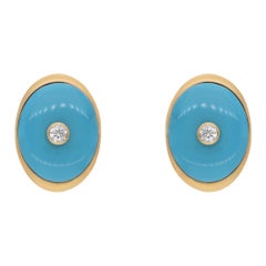 Oval Turquoise Gemstone Stud Earrings Diamond 14 Karat Yellow Gold Fine Jewelry