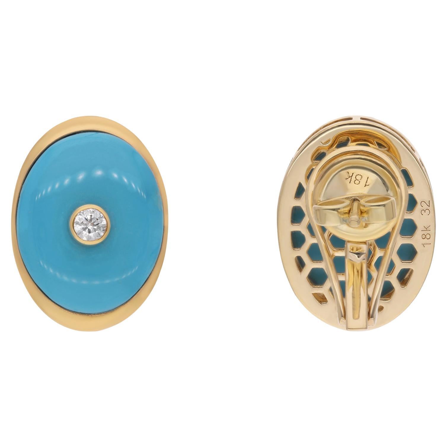 Oval Turquoise Gemstone Stud Earrings Diamond 14 Karat Yellow Gold Fine Jewelry For Sale