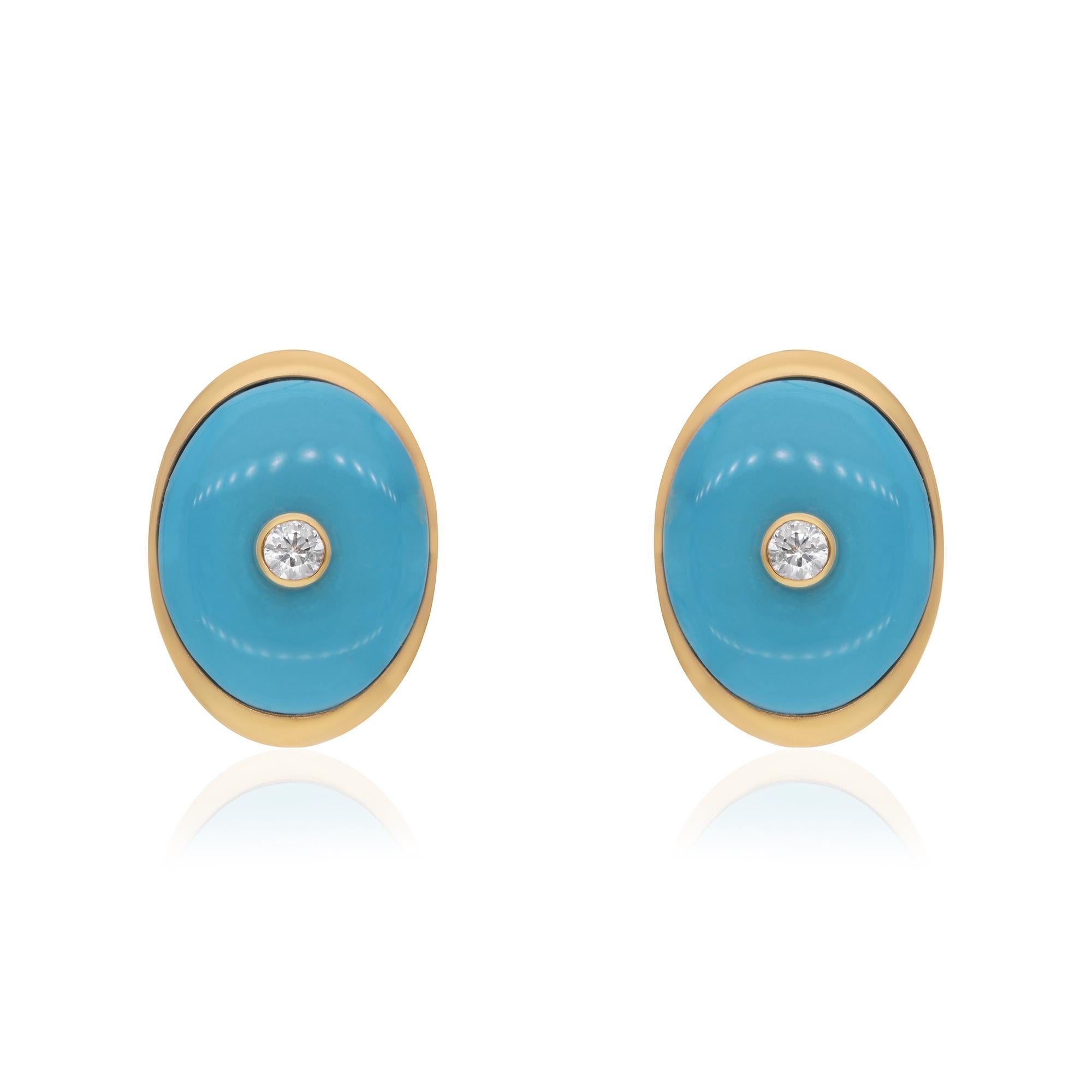 Indulge in the enchanting allure of these oval turquoise gemstone stud earrings, adorned with radiant diamonds and meticulously crafted in 18 karat yellow gold. Each facet of these exquisite earrings speaks to luxury, sophistication, and enduring