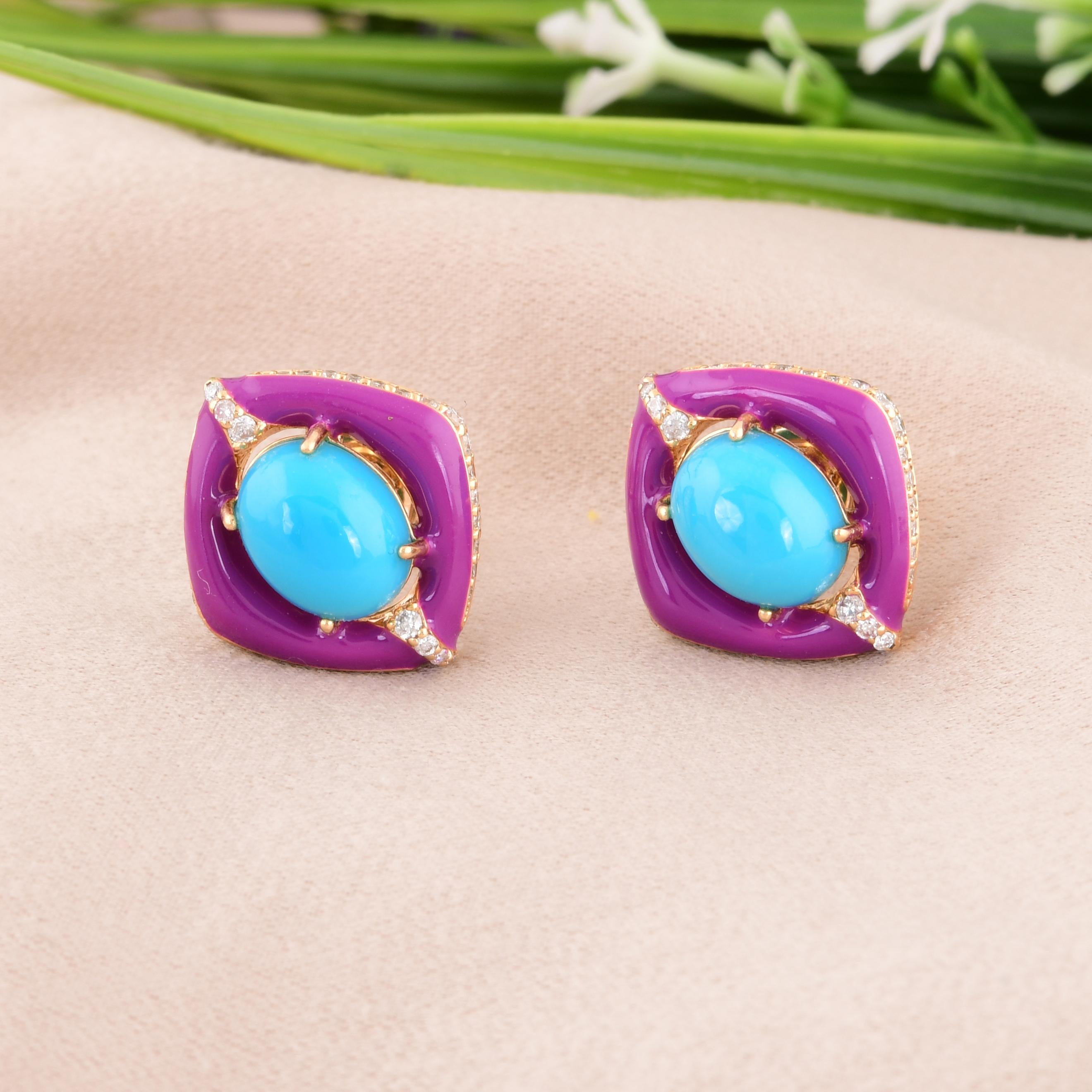 Modern Oval Turquoise Gemstone Stud Earrings Diamond 18 Karat Yellow Gold Fine Jewelry For Sale