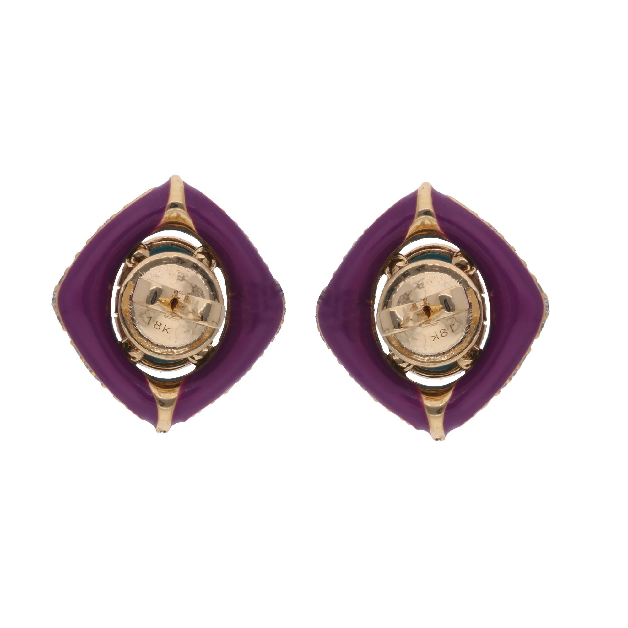 Women's Oval Turquoise Gemstone Stud Earrings Diamond 18 Karat Yellow Gold Fine Jewelry For Sale