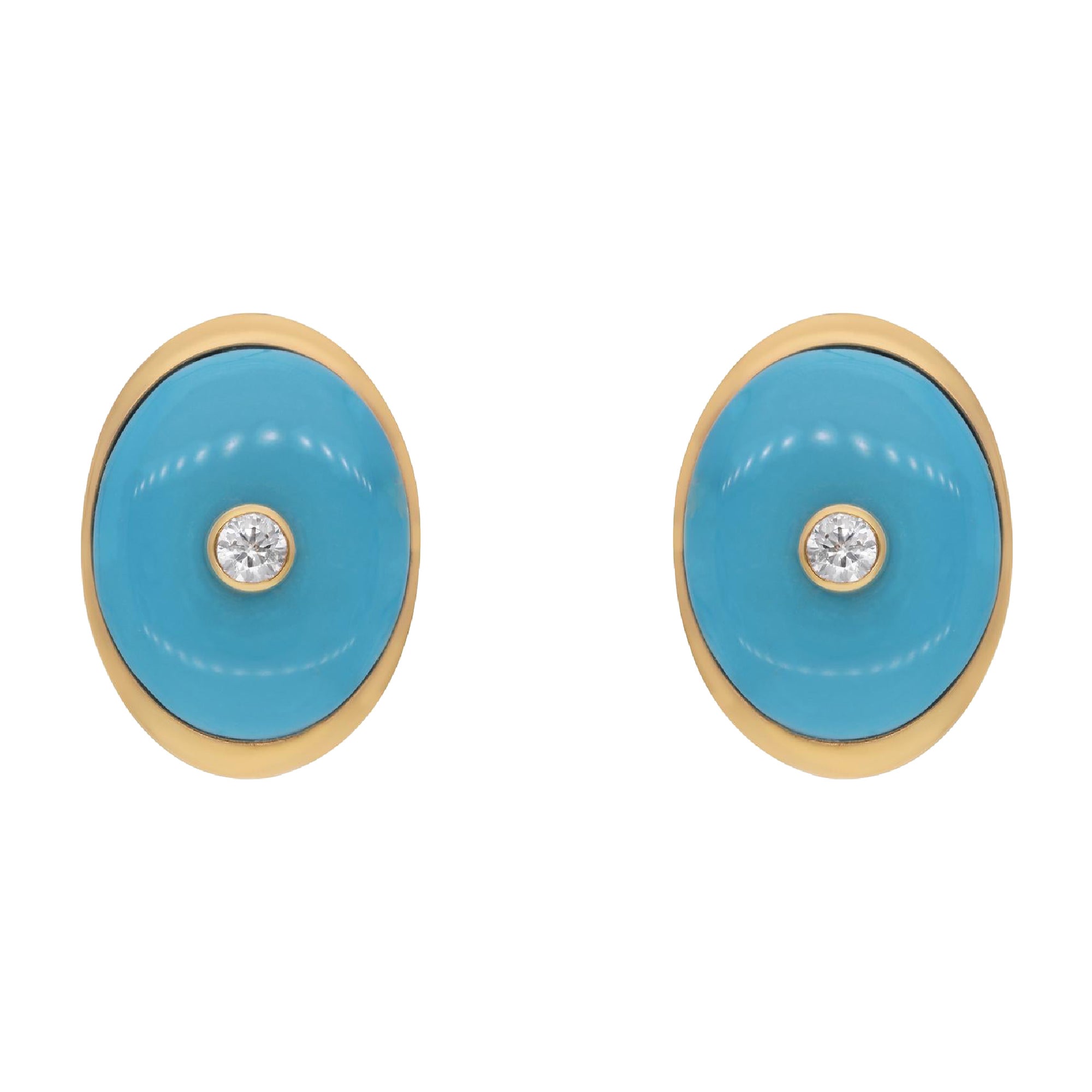 Oval Turquoise Gemstone Stud Earrings Diamond 18 Karat Yellow Gold Fine Jewelry