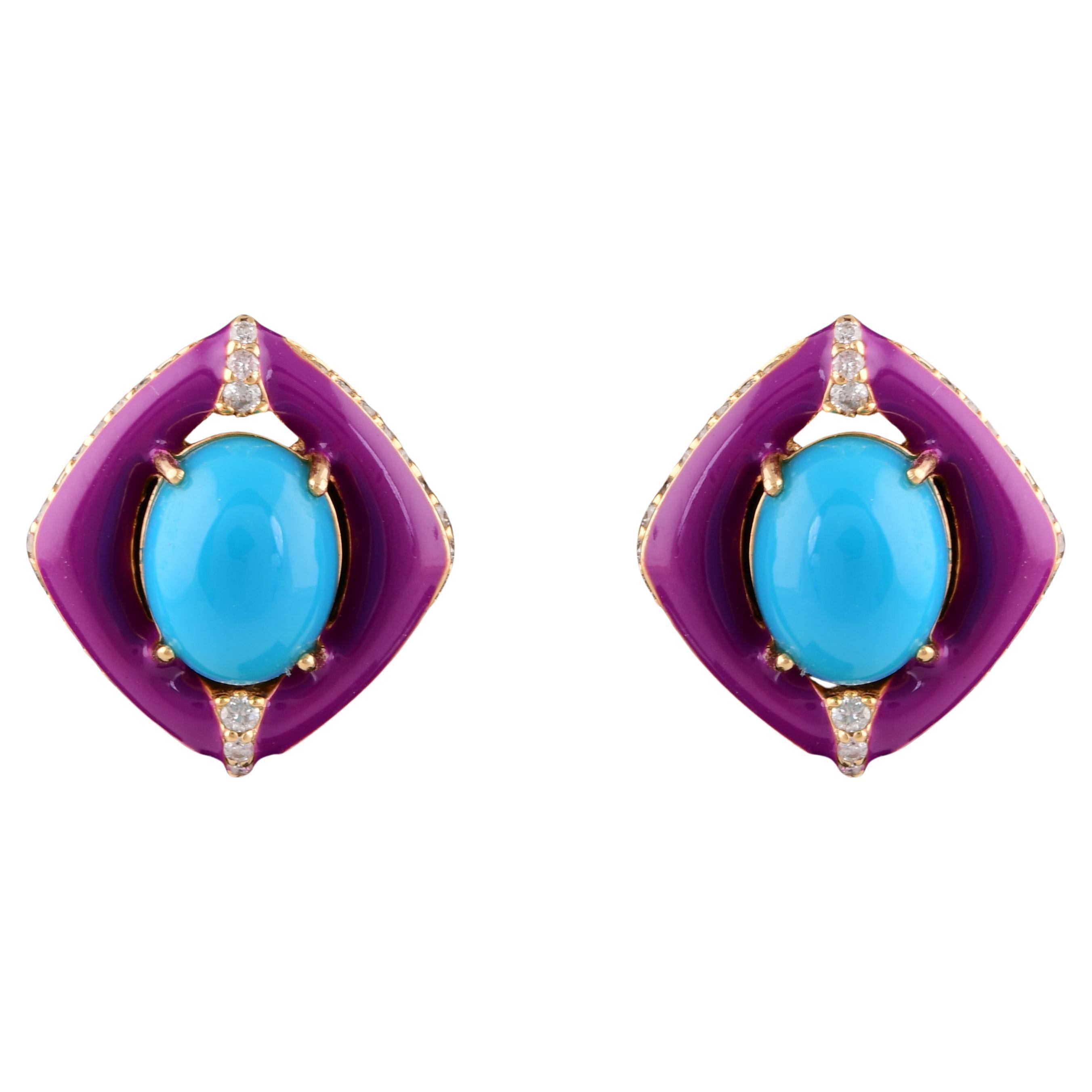 Oval Turquoise Gemstone Stud Earrings Diamond 18 Karat Yellow Gold Fine Jewelry