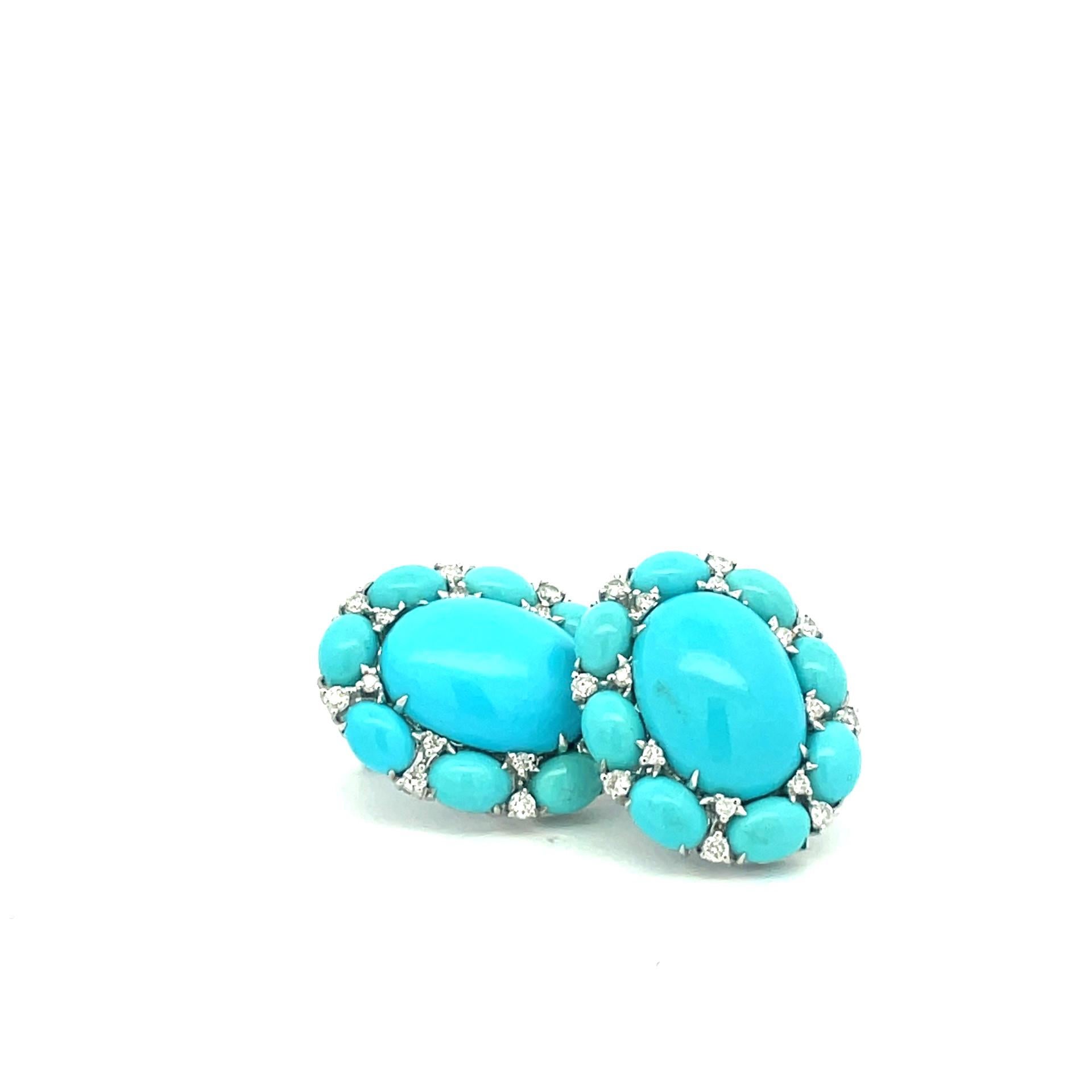 Contemporary Oval Turquoise & Natural White Diamond Earrings in 18 Karat White Gold For Sale